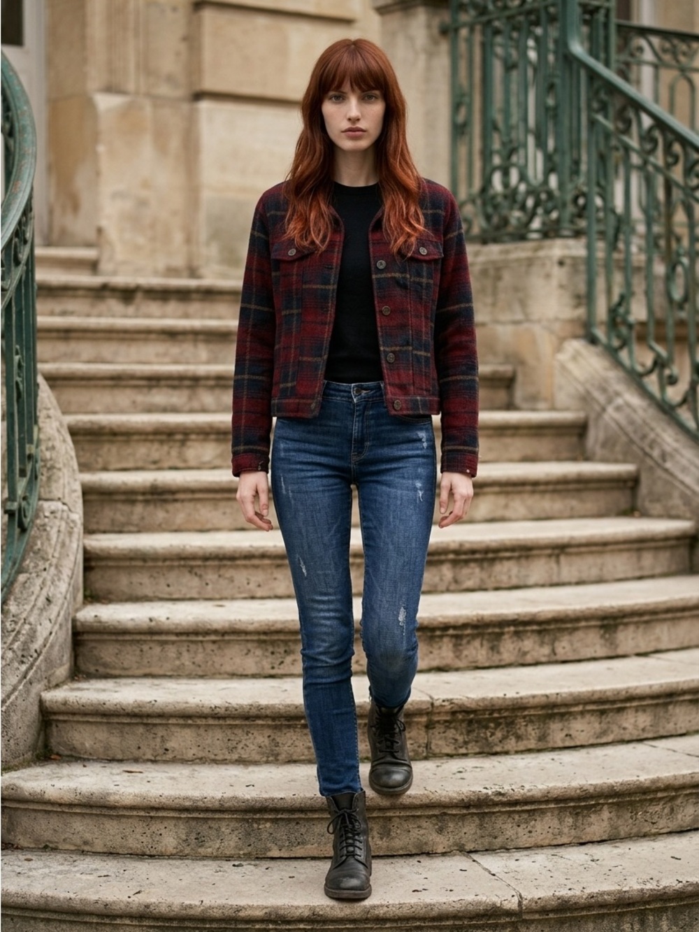 Hot Topic Burgundy and Navy Plaid Jean Jacket